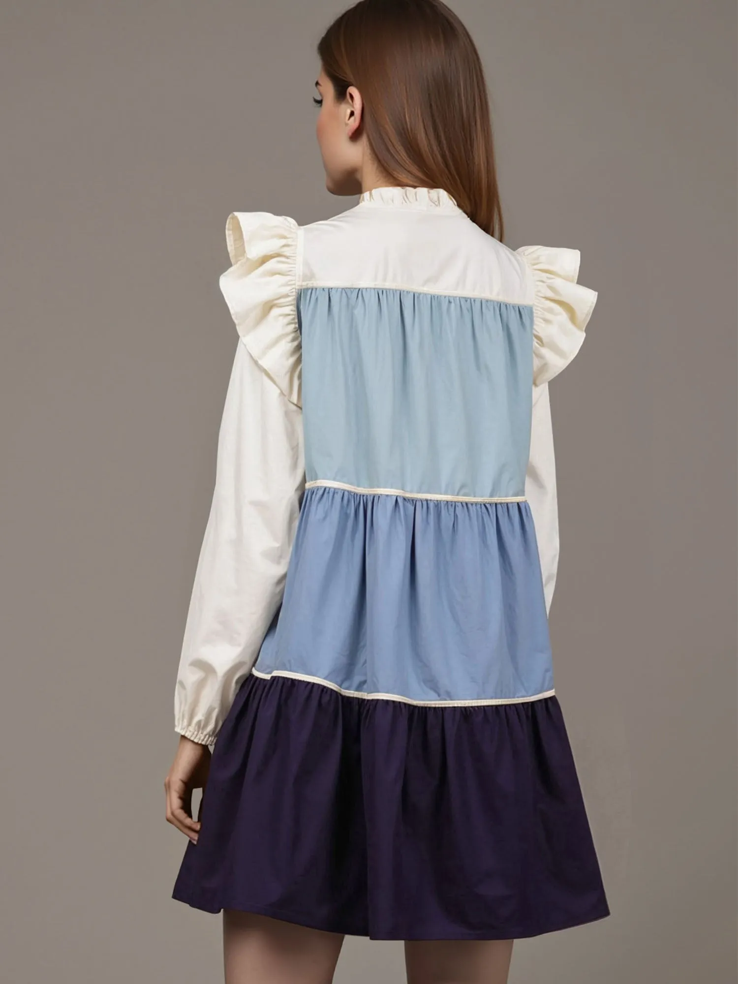 Long Sleeves Colorblock Ruffle Shift Mini Dress