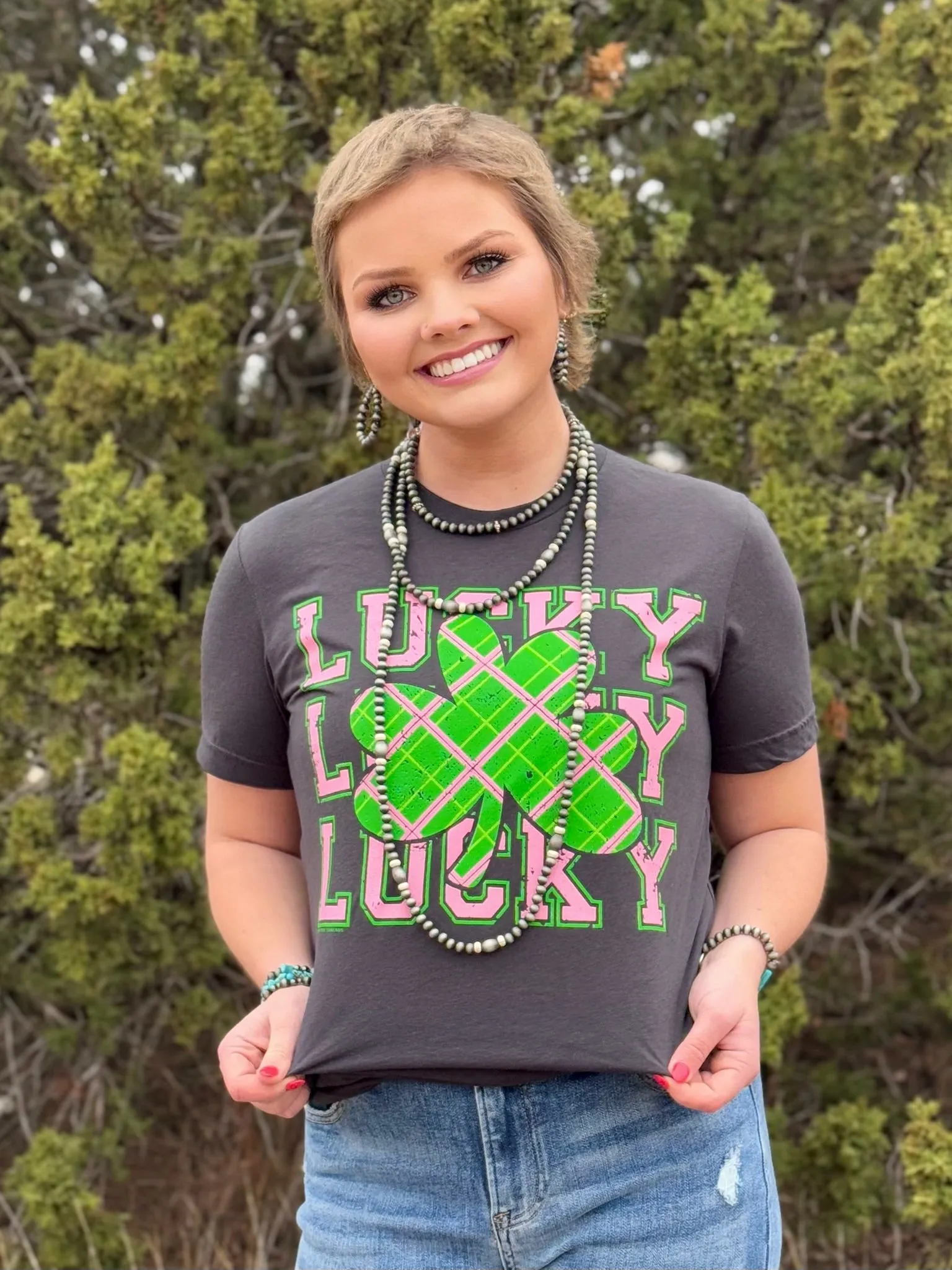 Lucky Repeat in Pink & Green Plaid Tee