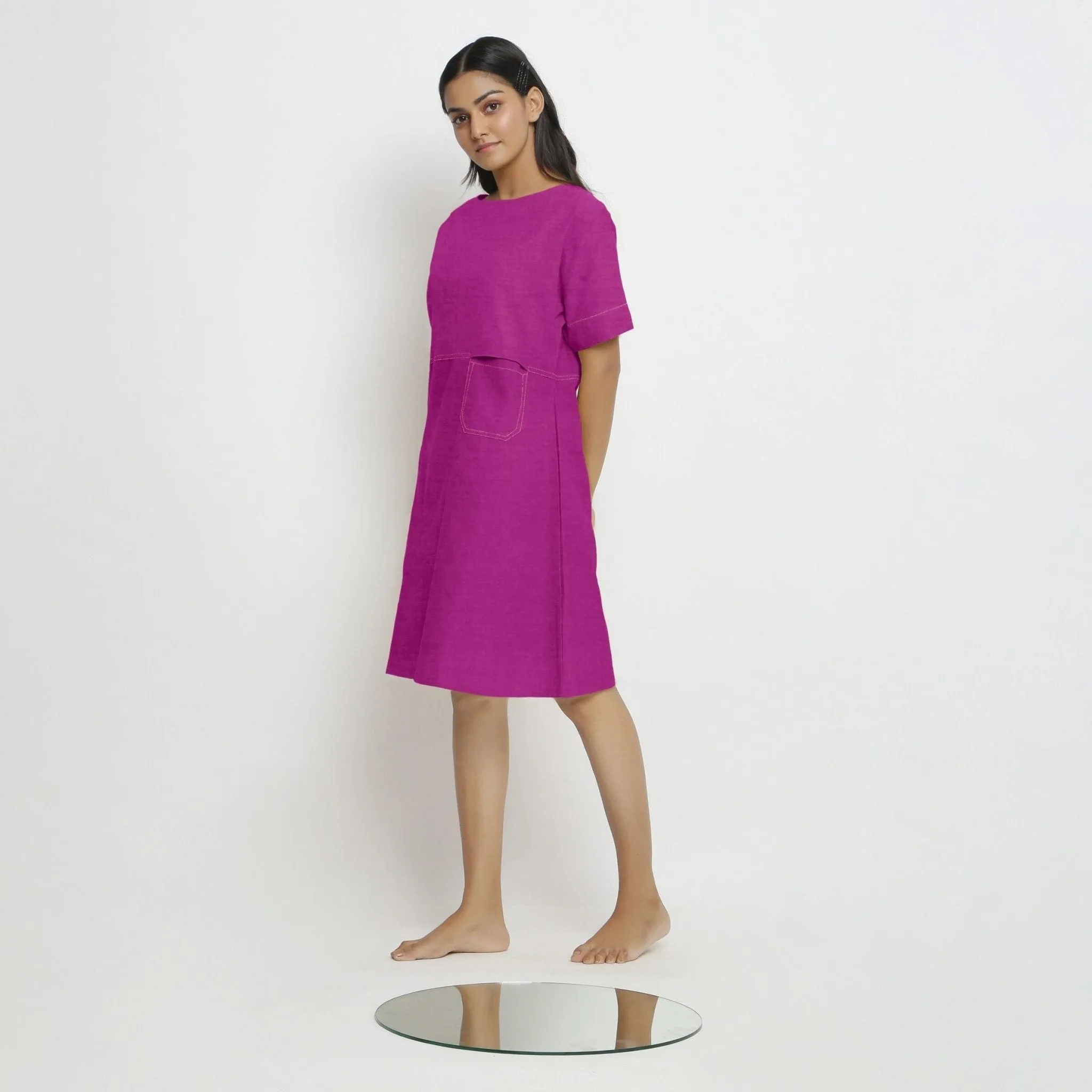 Magenta Cotton Linen Yoked Knee Length Shift Dress