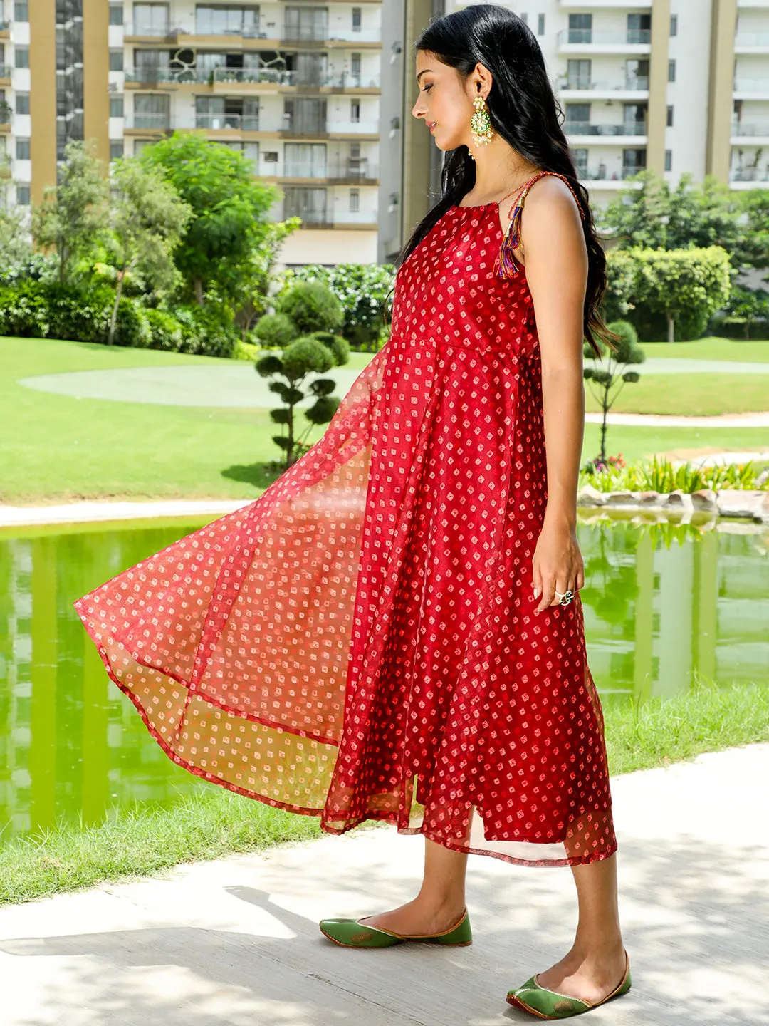 Maroon Bandhani Print Shift Dress