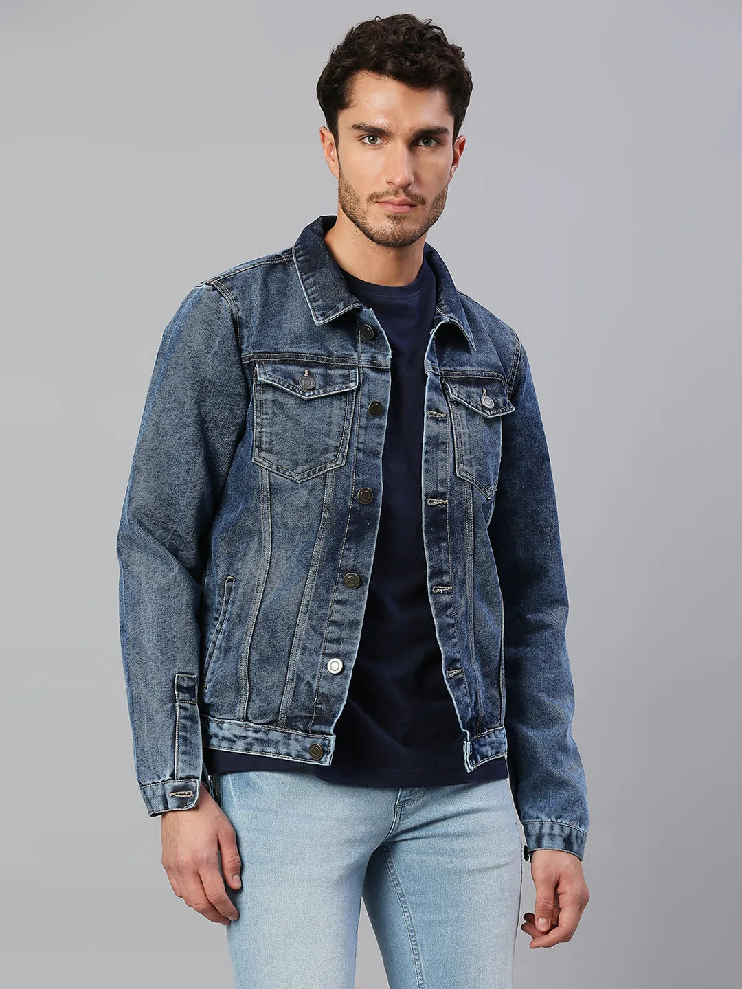 Men's Regular Fit Long Sleeve Button Down Panel Denim Jacket Lightweight Trucker Jacket (Navy Blue)