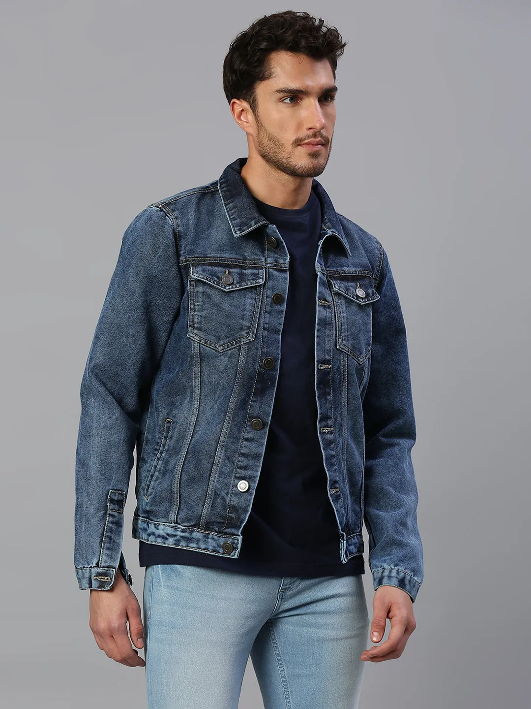 Men's Regular Fit Long Sleeve Button Down Panel Denim Jacket Lightweight Trucker Jacket (Navy Blue)