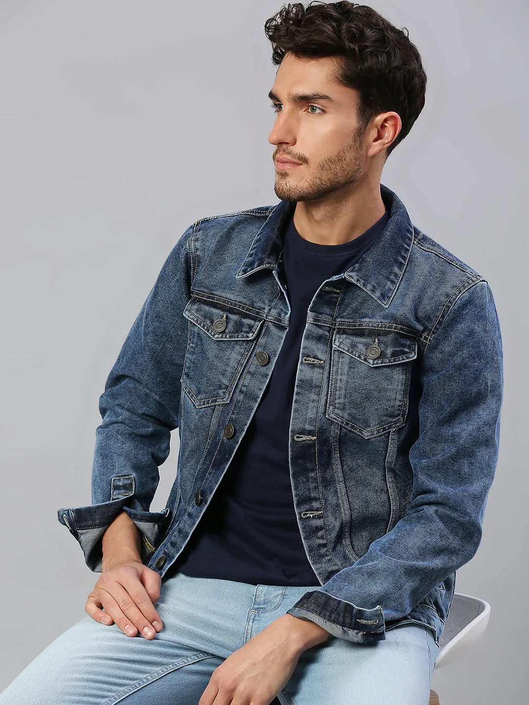 Men's Regular Fit Long Sleeve Button Down Panel Denim Jacket Lightweight Trucker Jacket (Navy Blue)