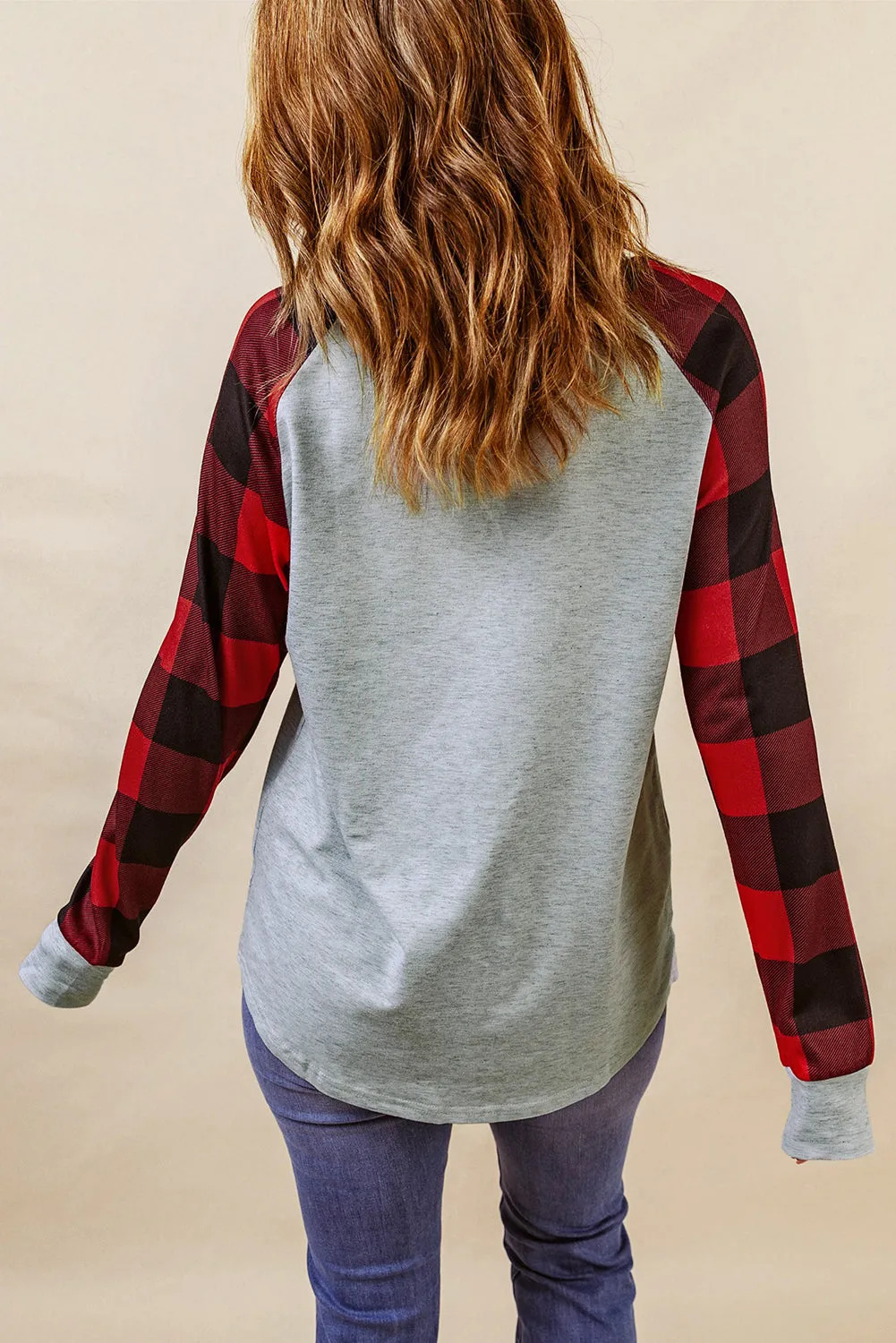 Merry Christmas Plaid Color Block Long Sleeve Top