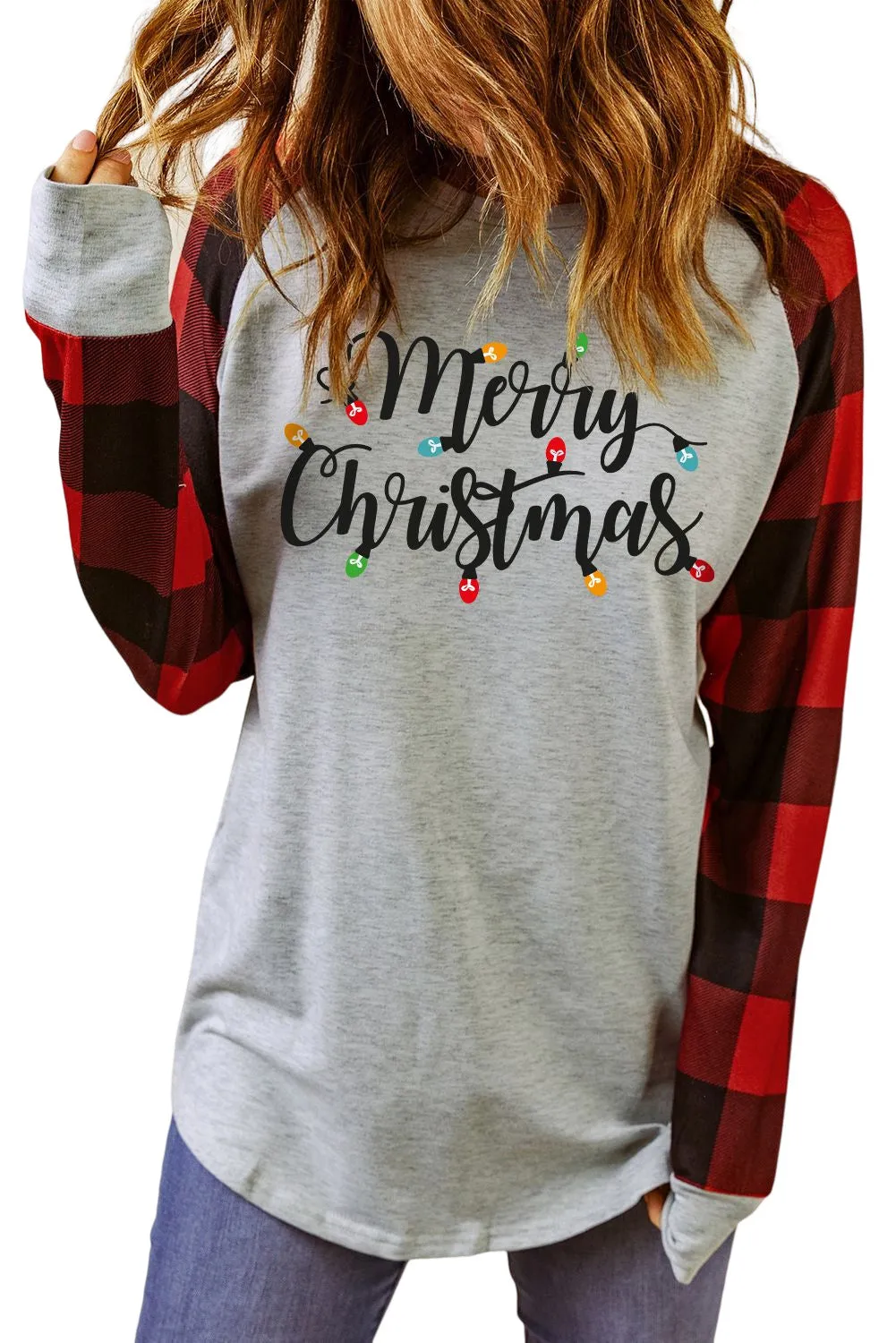 Merry Christmas Plaid Color Block Long Sleeve Top