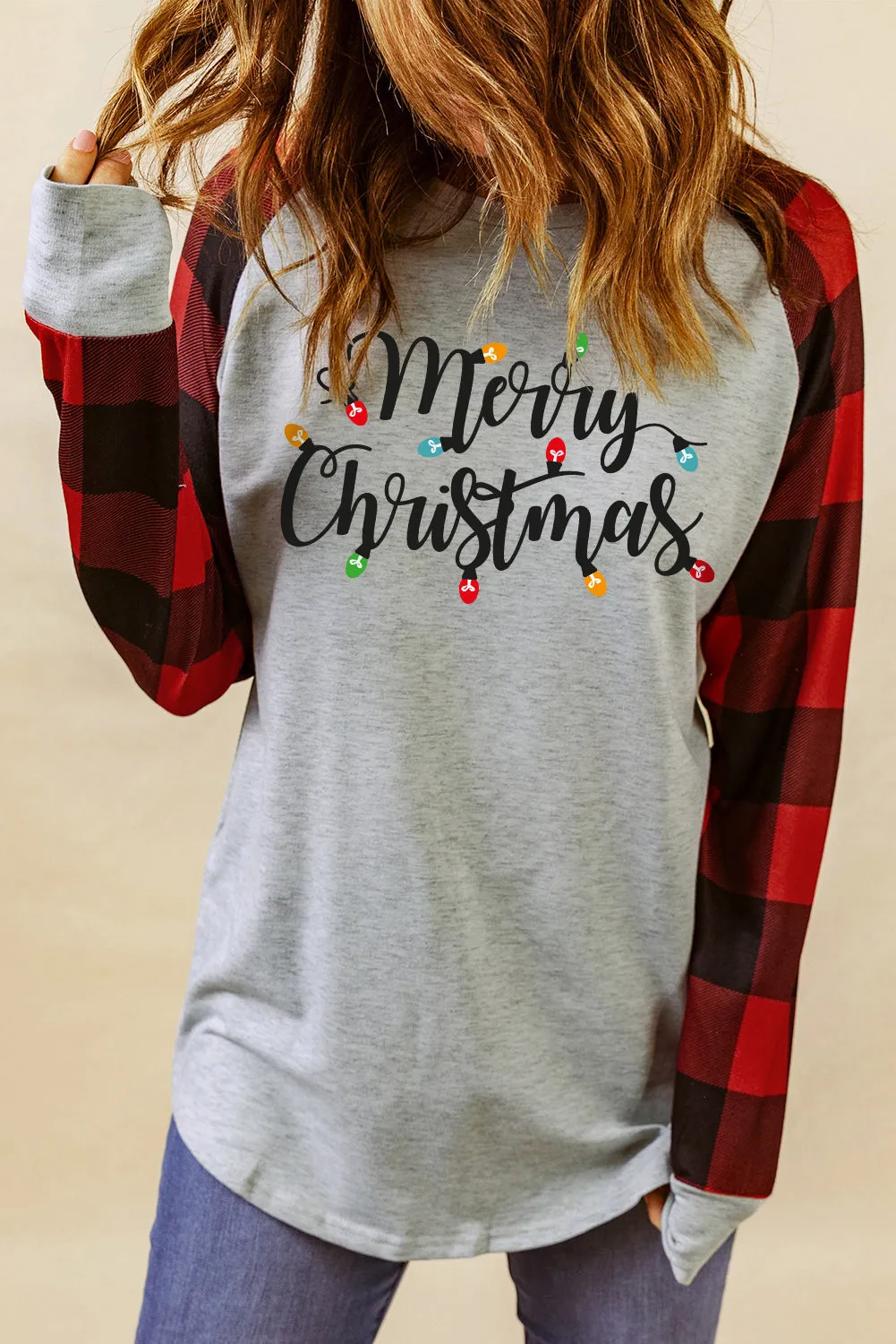 Merry Christmas Plaid Color Block Long Sleeve Top