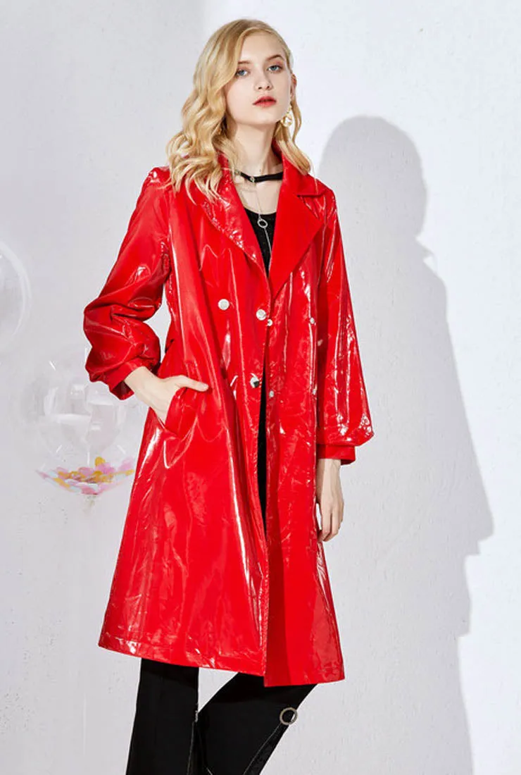 Patent Leather Shiny Mid-length Loose Coat