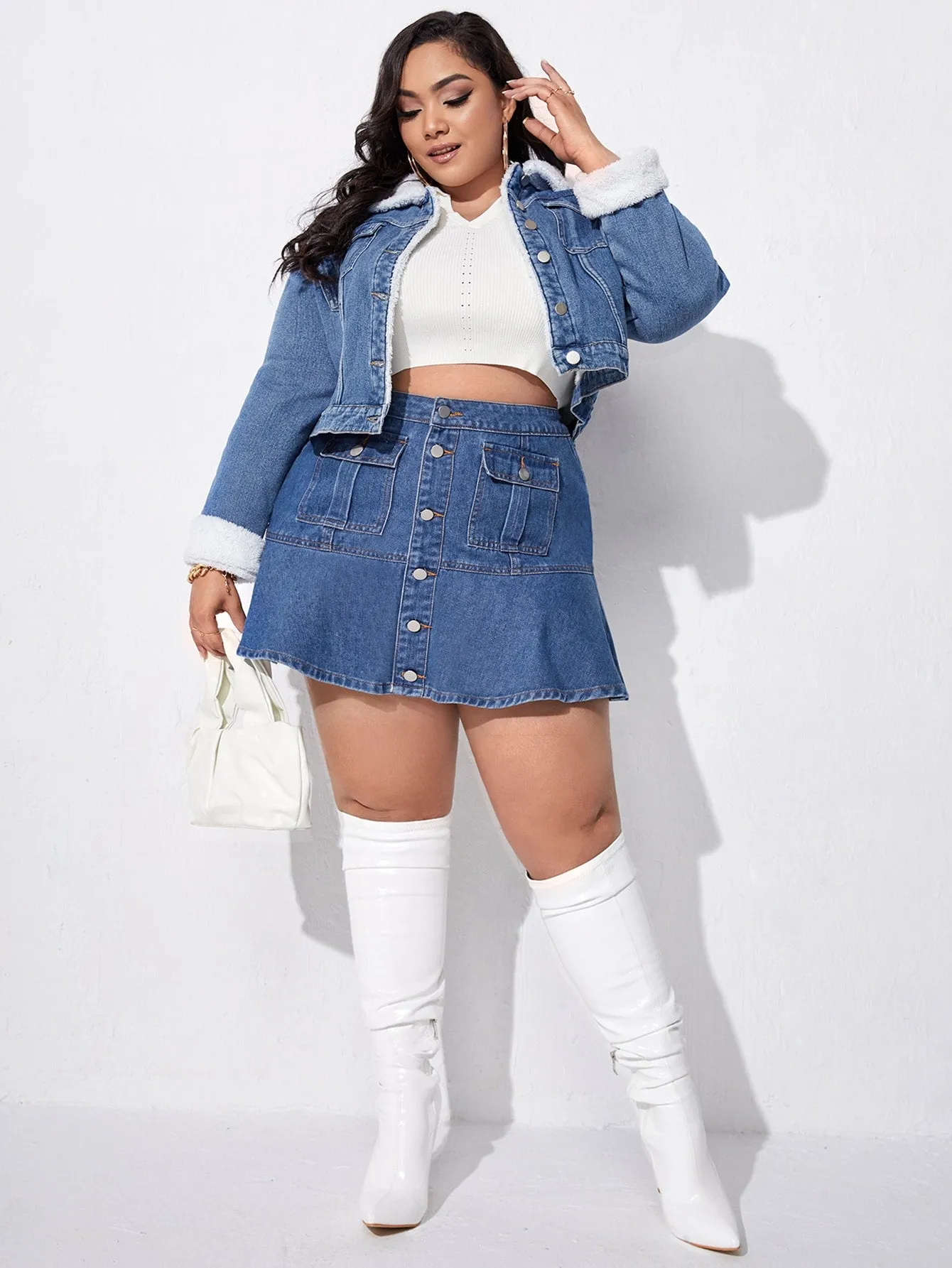 Plain Button Front High Waist Mini Plus Size Denim Skirt