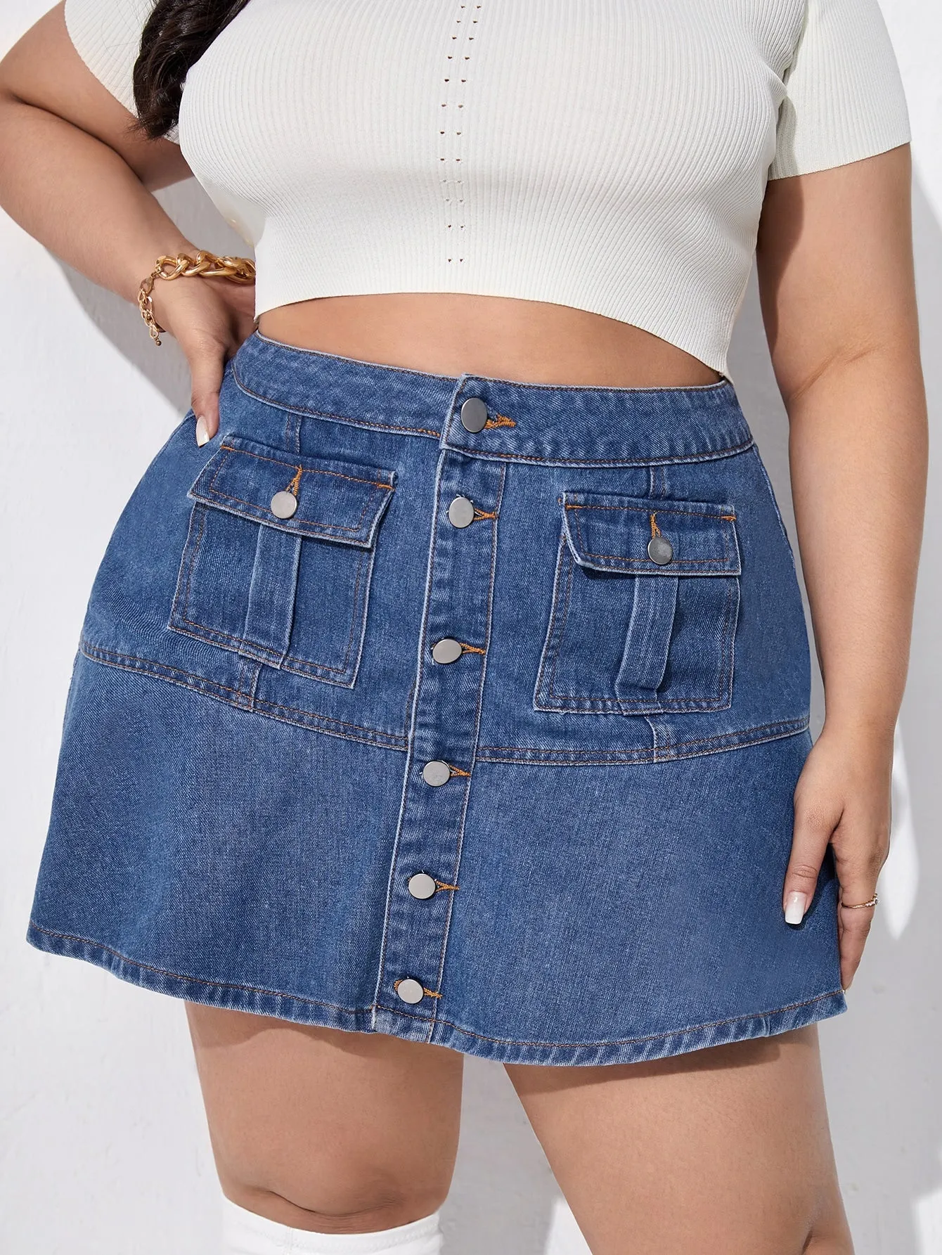 Plain Button Front High Waist Mini Plus Size Denim Skirt