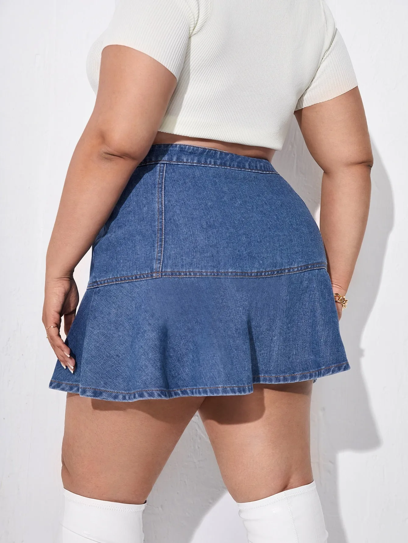 Plain Button Front High Waist Mini Plus Size Denim Skirt