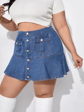 Plain Button Front High Waist Mini Plus Size Denim Skirt