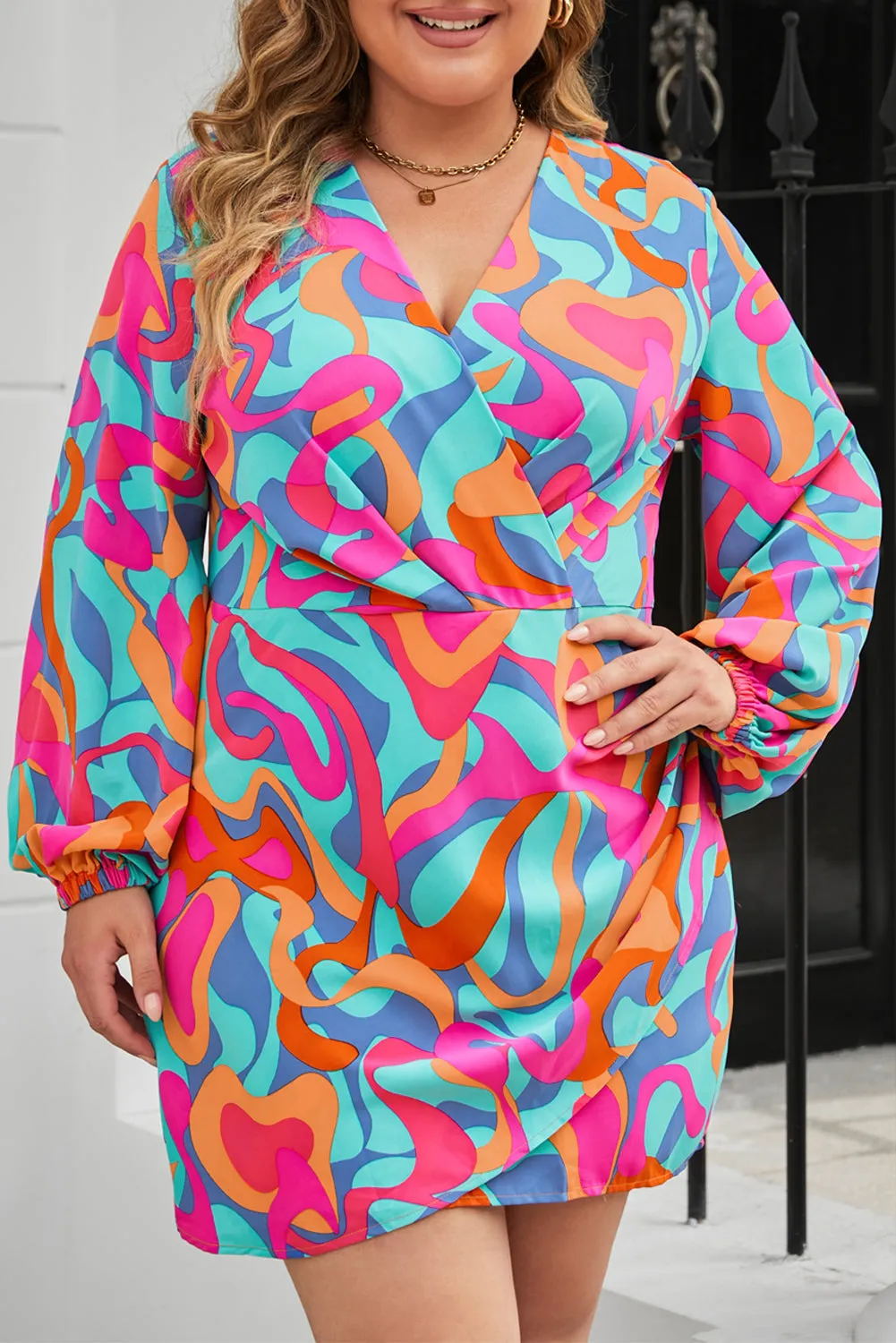 Plus Size Abstract Pleated Surplice Dress