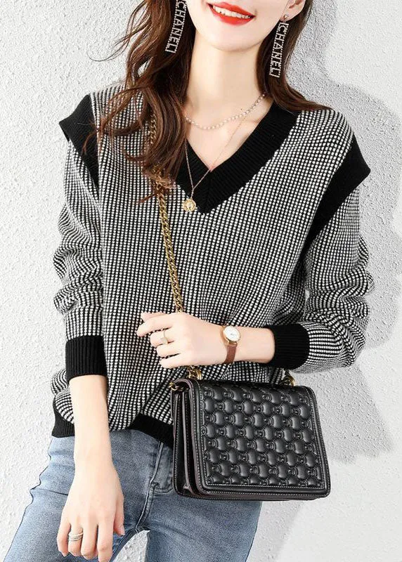 Plus Size Black V Neck Plaid Knit Sweater Tops Winter