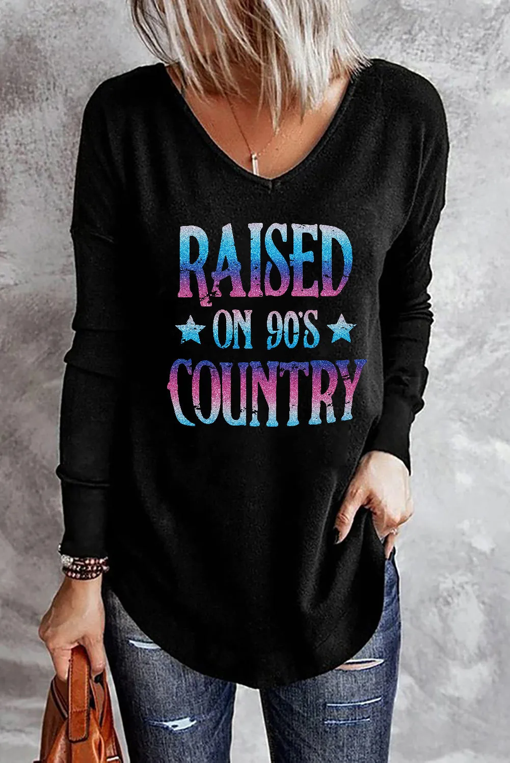 RAISED ON 90'S COUNTRY Glitter Letter Print Pullover