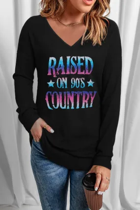 RAISED ON 90'S COUNTRY Glitter Letter Print Pullover