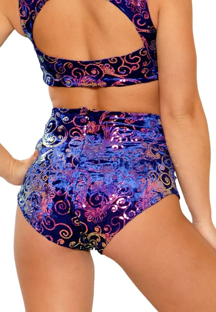 Royal Prism Sequin Velvet High-Waist Shorts