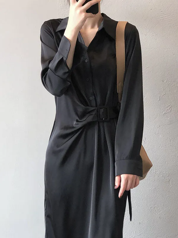 Satin Belted Long Sleeve Shirt Midi Dress