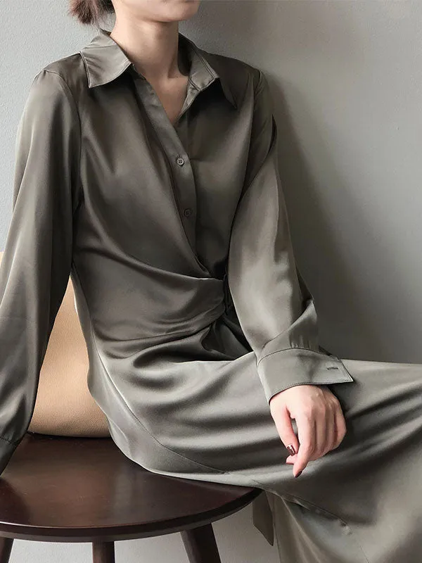 Satin Belted Long Sleeve Shirt Midi Dress