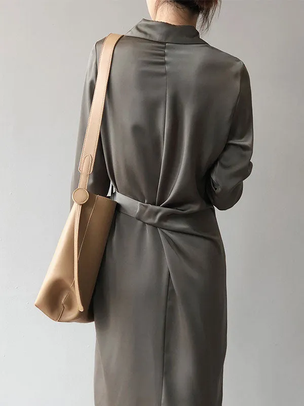 Satin Belted Long Sleeve Shirt Midi Dress