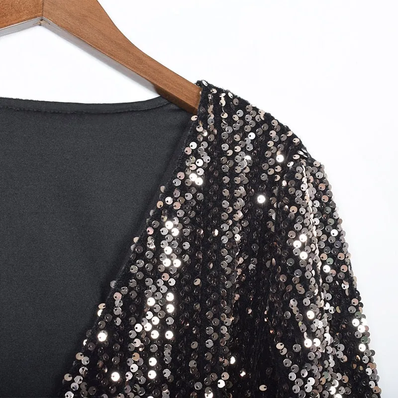 Sexy Black Glittery Deep V-Neck Top with Long Lantern Sleeves