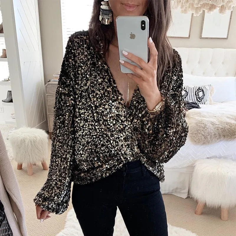 Sexy Black Glittery Deep V-Neck Top with Long Lantern Sleeves