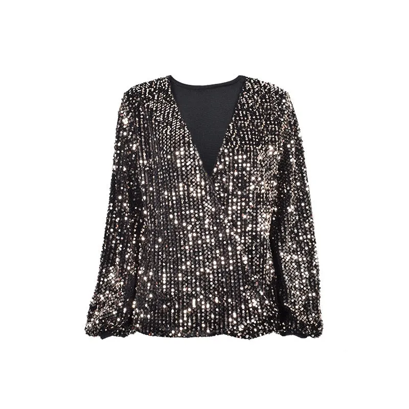 Sexy Black Glittery Deep V-Neck Top with Long Lantern Sleeves