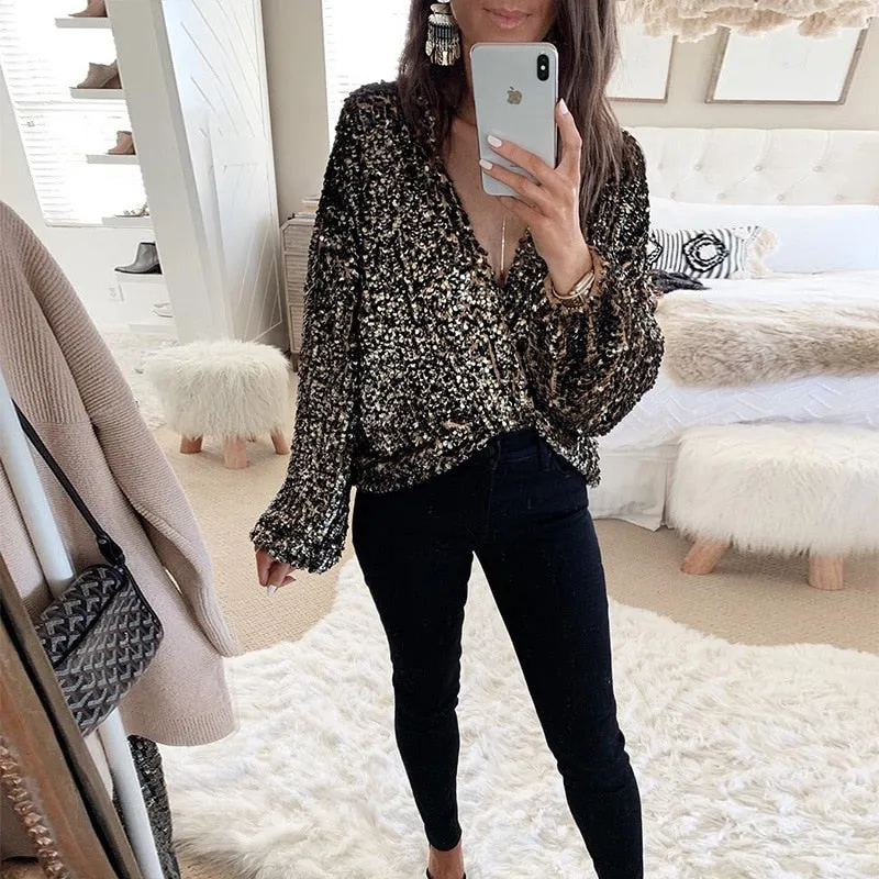 Sexy Black Glittery Deep V-Neck Top with Long Lantern Sleeves