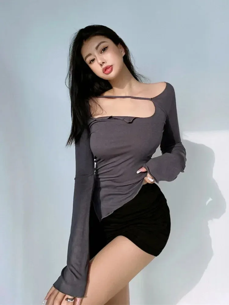 Sexy Irregular Thin Design Slim Fit T-shirt Long Sleeve Tee