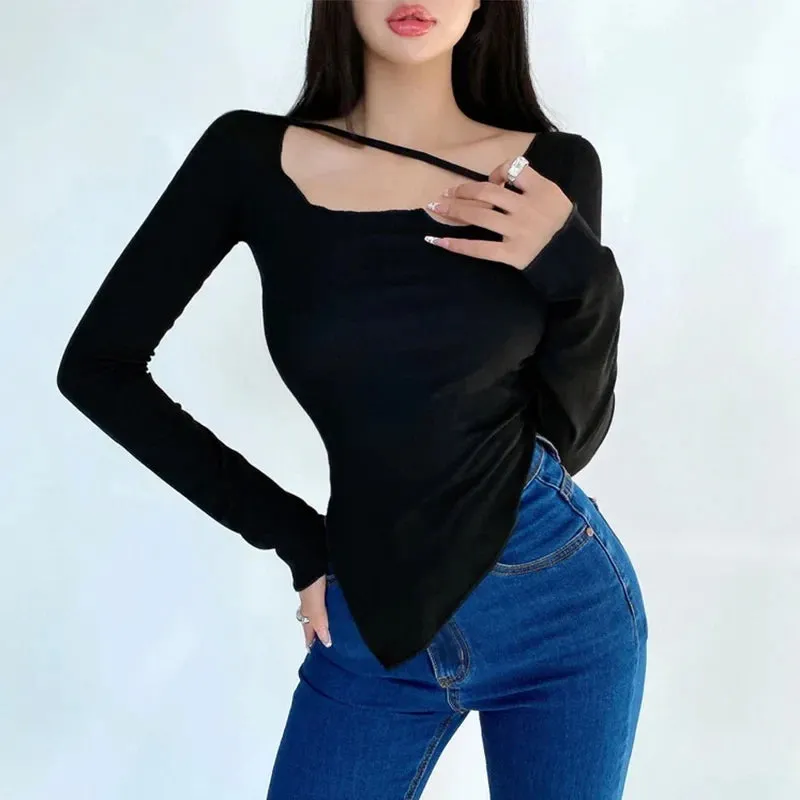 Sexy Irregular Thin Design Slim Fit T-shirt Long Sleeve Tee