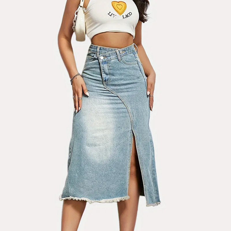 Split Cotton Denim High Waist Slim Skirt