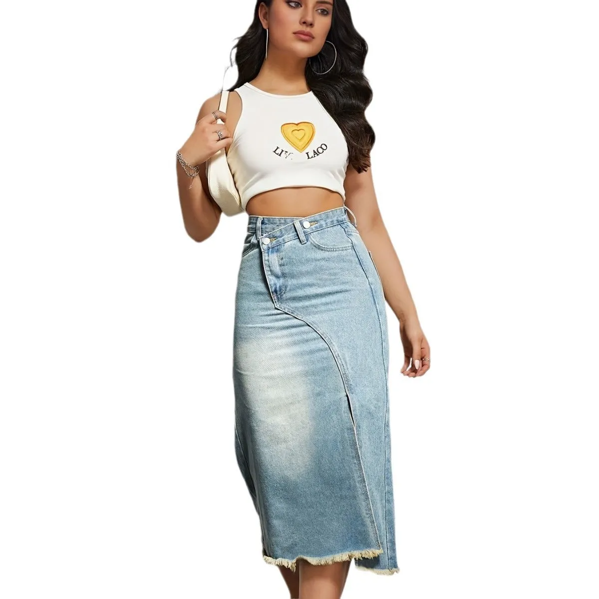 Split Cotton Denim High Waist Slim Skirt