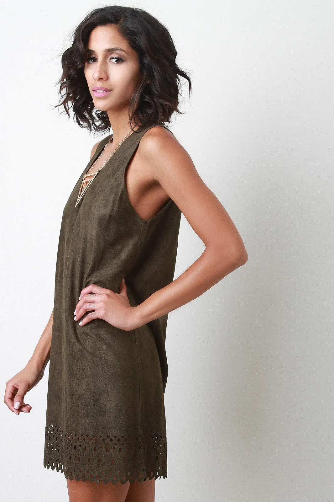 Suede Perforated Trim Shift Dress