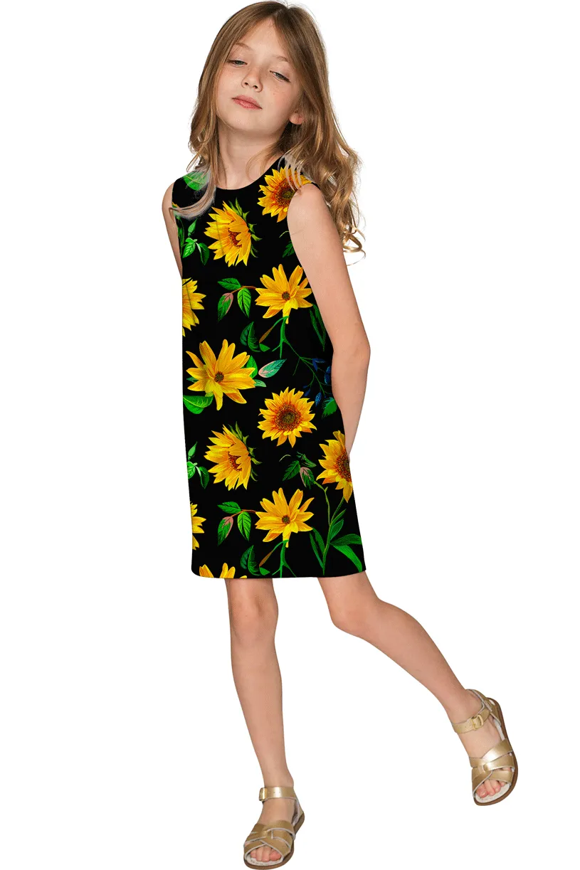 Sunnyflower Adele Black Yellow Floral Print Trendy Shift Dress - Girls