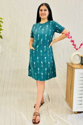 Teal Green Ikat Shift Dress With Pockets