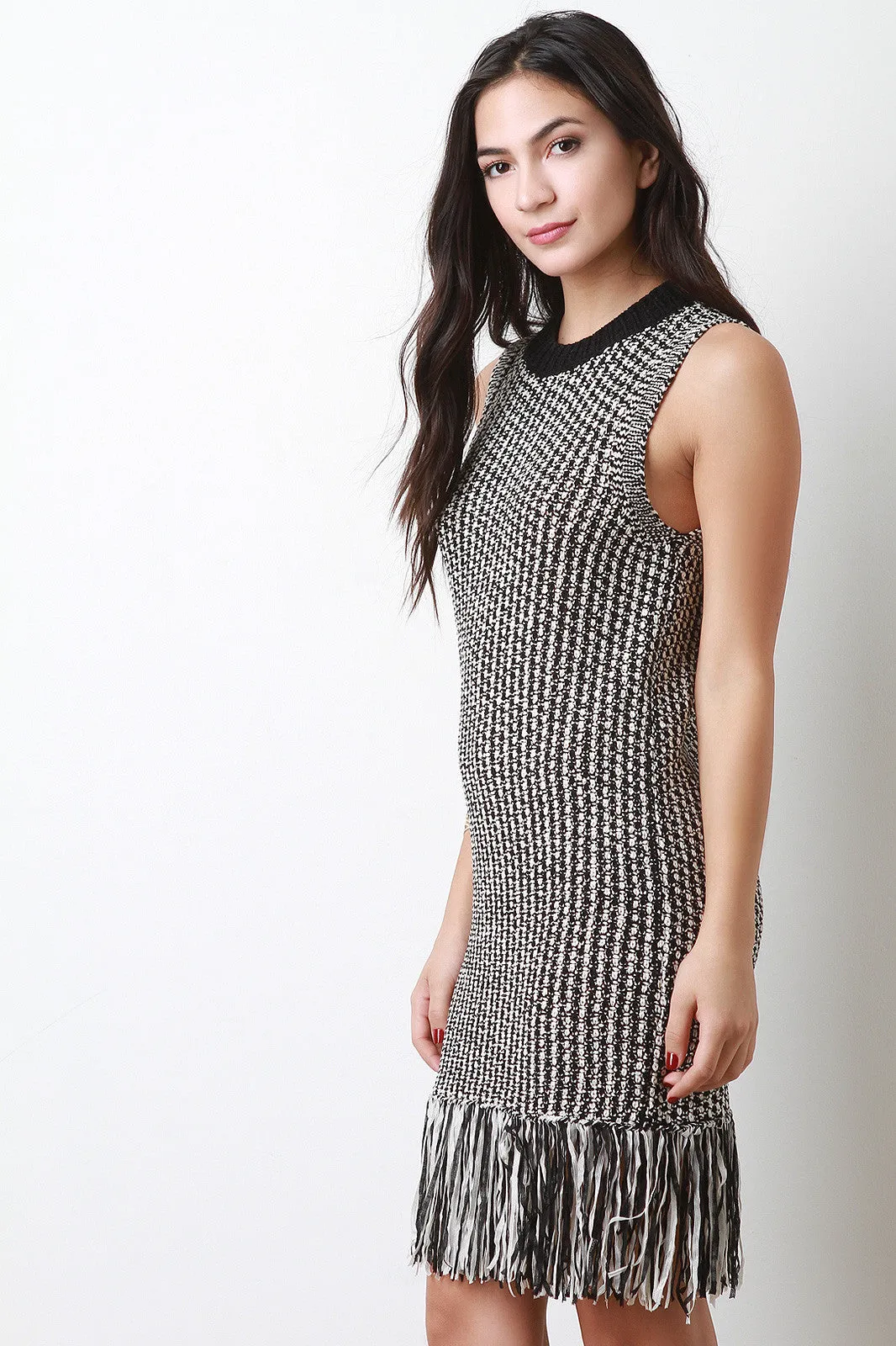 Two-Tone Fringed Woven Shift Dress