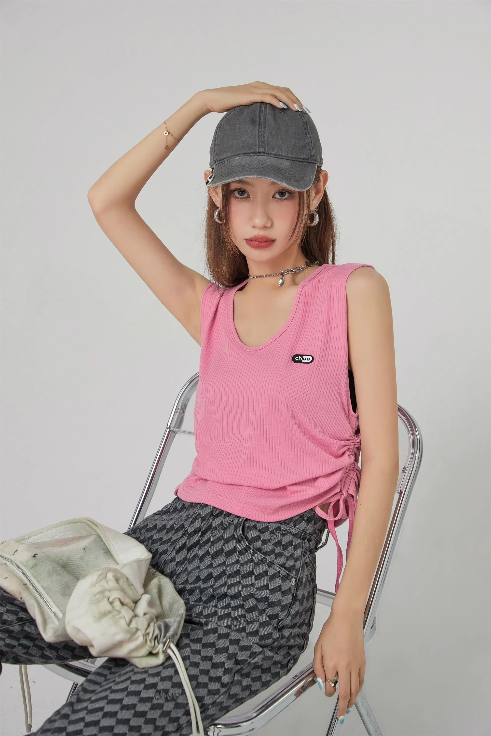 V-Neck Side Shirring Sleeveless Top