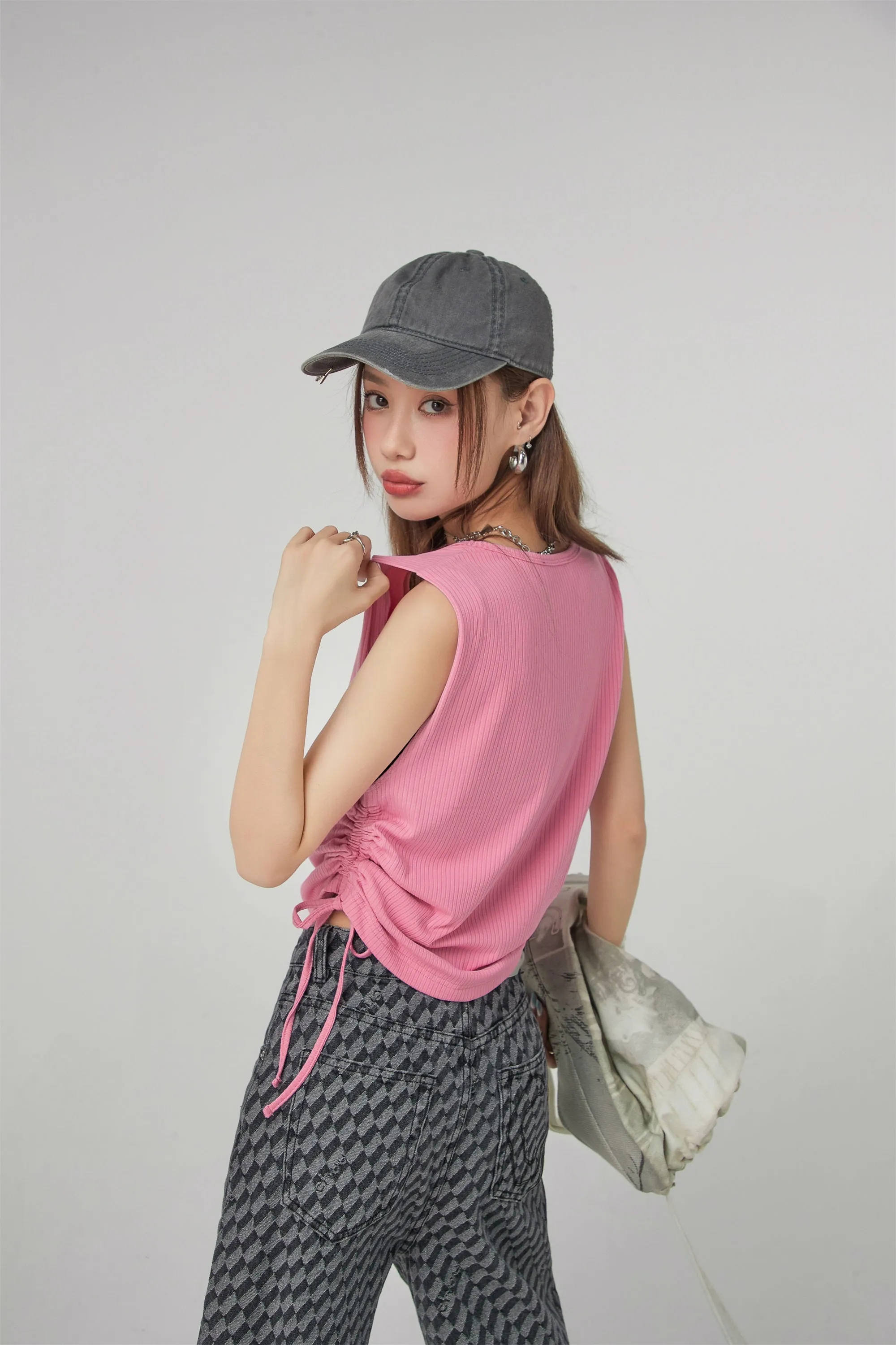 V-Neck Side Shirring Sleeveless Top