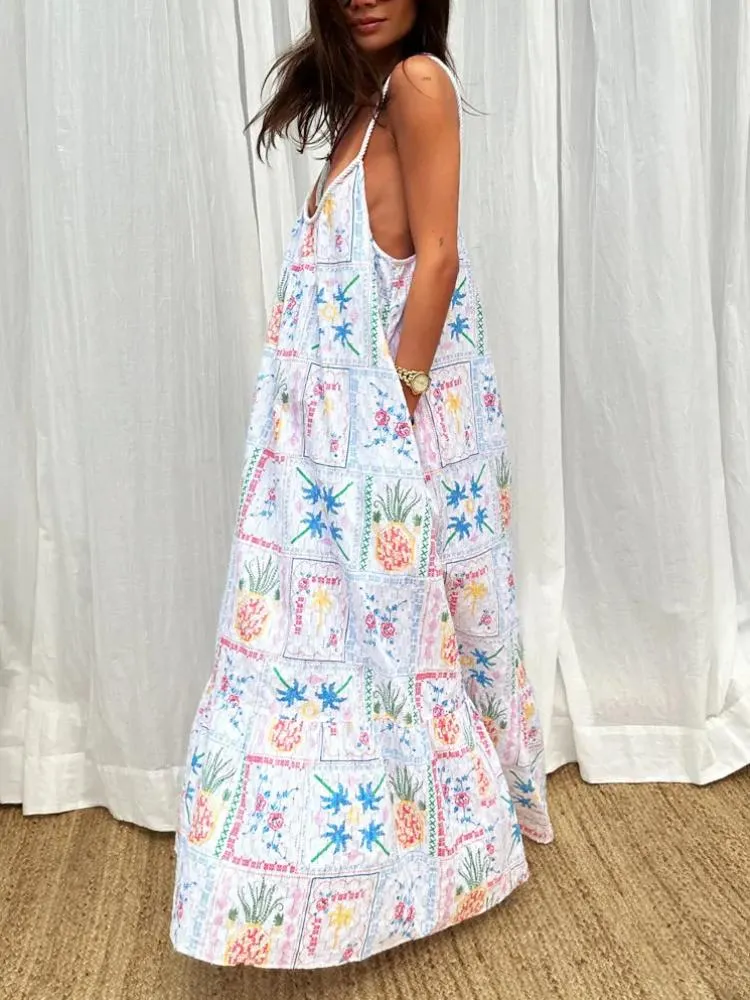 White Island Cross Stitch Maxi Dress