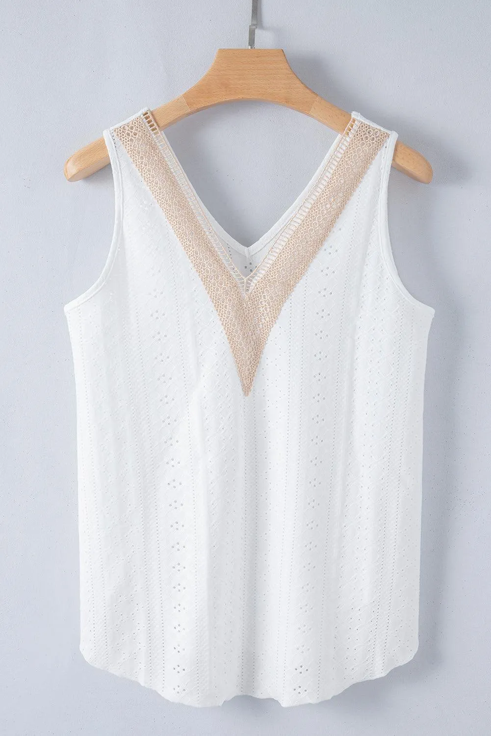 White Lace Crochet Splicing V Neck Loose Fit Tank Top for Women