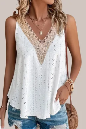 White Lace Crochet Splicing V Neck Loose Fit Tank Top for Women