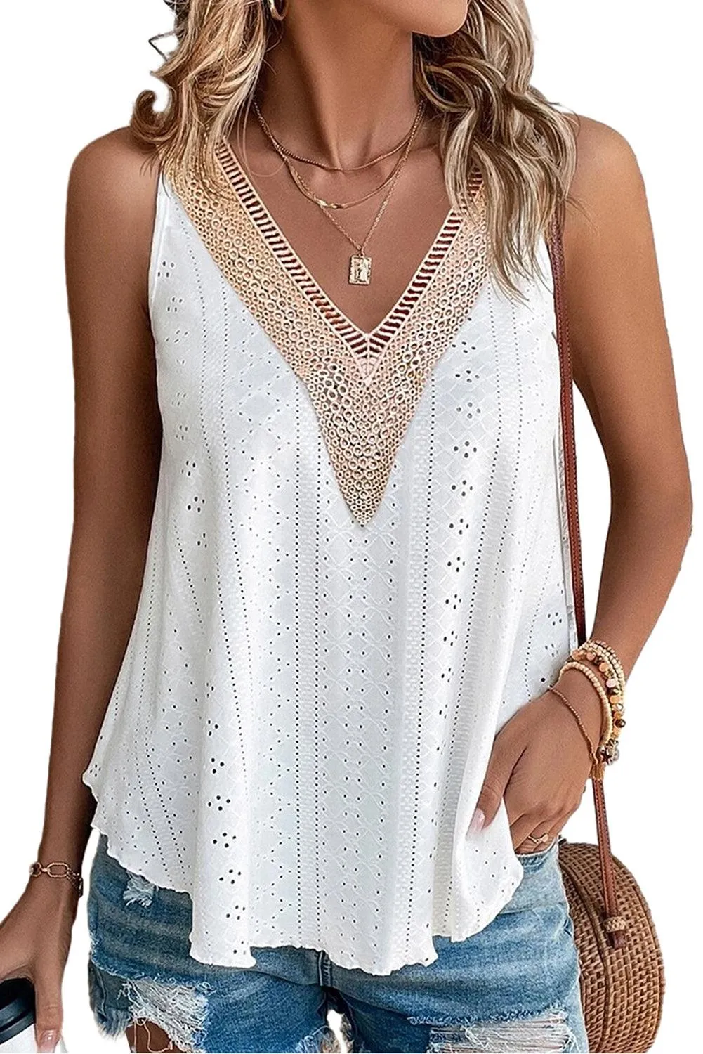 White Lace Crochet Splicing V Neck Loose Fit Tank Top for Women