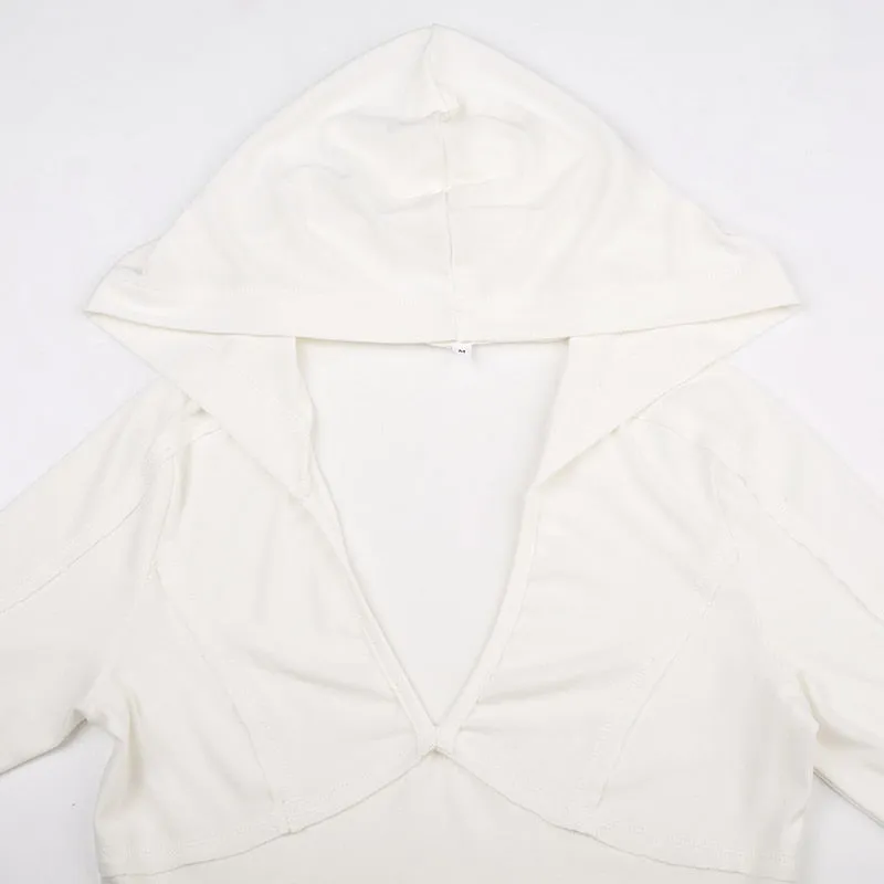 White V Neck Knitted Stitch Hooded Top