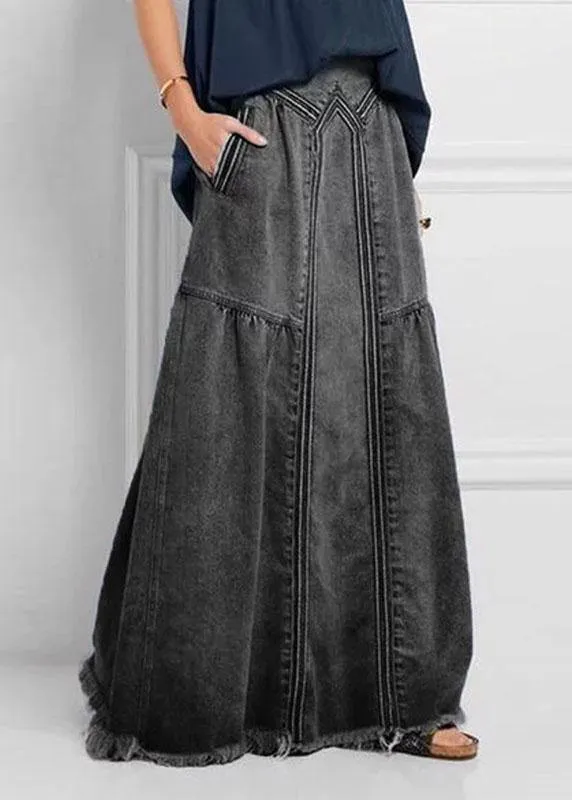 Women Distressed Solid Color Elastic Waist Loose Denim Skirt With Pocket