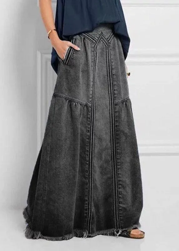 Women Distressed Solid Color Elastic Waist Loose Denim Skirt With Pocket